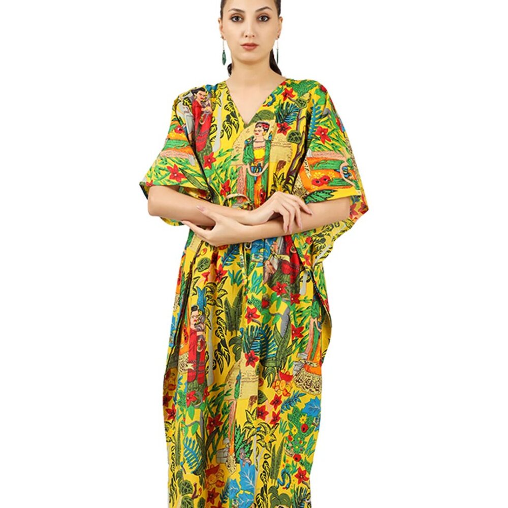 BRAND NEW Frida Kahlo Cotton Kaftan  Long Kaftan Dress Beach Cover Caftan Dress - Picture 2 of 6